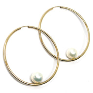 18K YELLOW GOLD CIRCLE HOOPS EARRINGS, TUBE 1.5mm, DIAMETER 5cm, HANGING PEARL