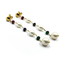 Load image into Gallery viewer, 18K YELLOW GOLD LONG EARRINGS FW WHITE PEARLS, RUBY, SAPPHIRE, EMERALD
