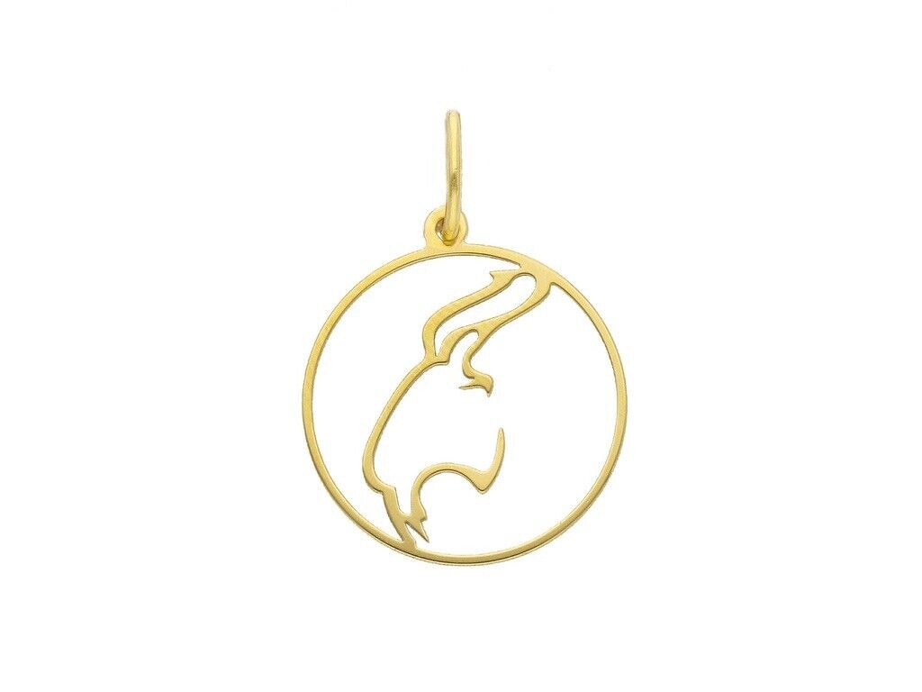 18k yellow gold zodiac sign round small 15mm flat pendant, zodiacal, capricorn