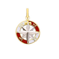 18k yellow white gold, white red enamel round pendant 18mm compass medal