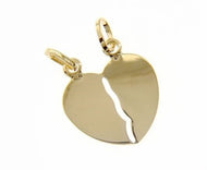 18K YELLOW GOLD DOUBLE BROKEN HEART PENDANT CHARM ENGRAVABLE 27 mm MADE IN ITALY