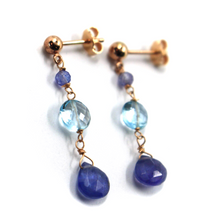 Load image into Gallery viewer, 18k rose gold 3.3cm 1.3&quot; long earrings natural 7mm tanzanite drops blue topaz
