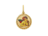 Colgante redondo esmaltado en oro amarillo de 18 quilates, diámetro 15 mm, medalla del Ángel de la Guarda