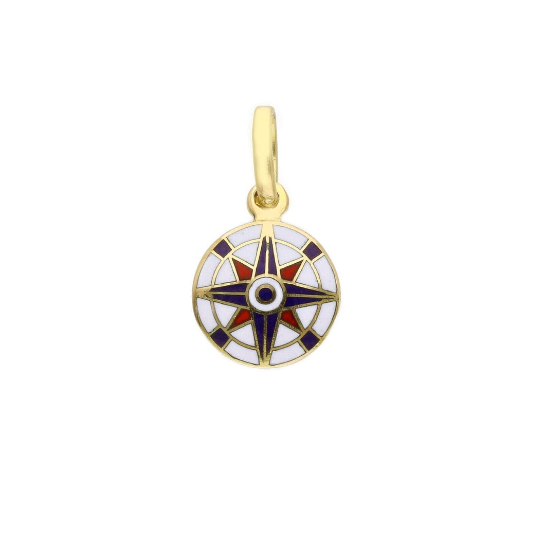 18k yellow gold red blue enamel round pendant small diameter 12mm, compass medal