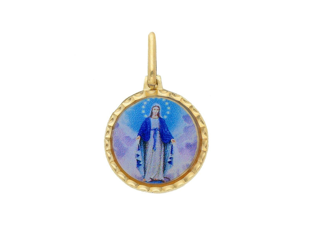 Pendentif rond en or jaune 18 carats émaillé, 15 mm, médaille de la Vierge Miraculeuse