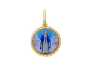 Colgante redondo esmaltado en oro amarillo de 18 quilates, 15 mm, medalla de la Virgen María Milagrosa