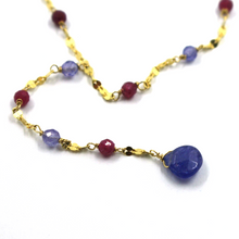 Load image into Gallery viewer, 18k yellow gold oval lariat necklace with 3mm faceted red ruby blue tanzanite
