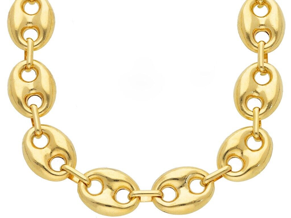 18K YELLOW GOLD MARINER CHAIN BIG OVALS 12 MM, 24 INCHES ANCHOR ROUNDED NECKLACE