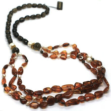 Load image into Gallery viewer, 18K YELLOW GOLD 3 WIRES LONG NECKLACE PEARLS, AMBER, SMOKY QUARTZ, 90cm 35&quot;
