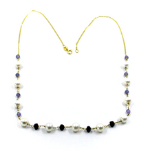 Cargar imagen en el visor de la galería, Collar de oro amarillo de 18 quilates de 18&quot; con perlas blancas de 7 mm, tanzanita azul y zafiros.
