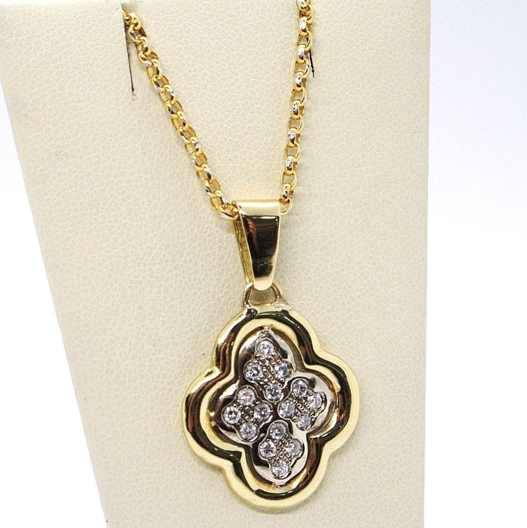 18K YELLOW & WHITE GOLD NECKLACE WITH DIAMONDS CROSS ROUNDED CENTRAL