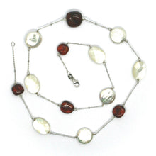 Load image into Gallery viewer, 18K WHITE GOLD NECKLACE, ALTERNATE AMBER, PEARL DISC AND OVAL MOTHER OF PEARL
