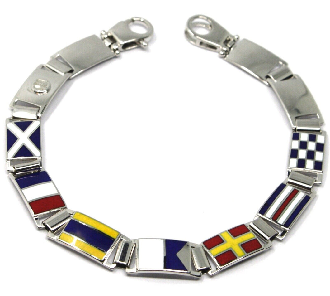 SOLID 18K WHITE GOLD BRACELET BIG ENAMEL NAUTICAL 8mm FLAGS, 8.5