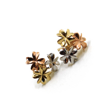 Load image into Gallery viewer, 18k solid yellow white rose gold lobe button 11mm earrings with three flowers
