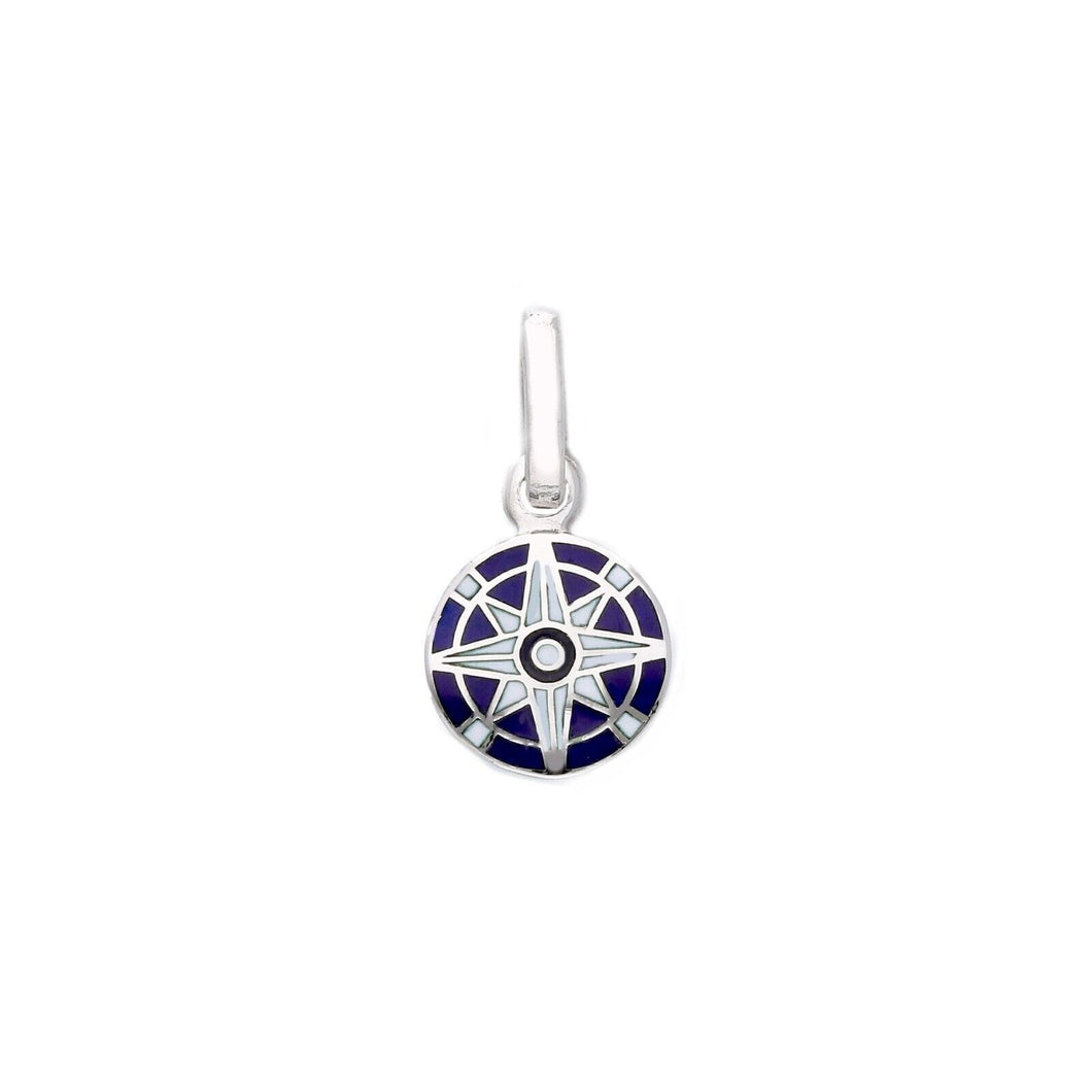 18k white gold blue enamel round small pendant, diameter 10mm, compass medal