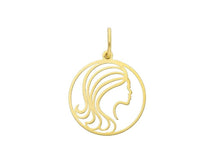 Load image into Gallery viewer, 18k yellow gold zodiac sign round small 15mm flat pendant, zodiacal, virgo
