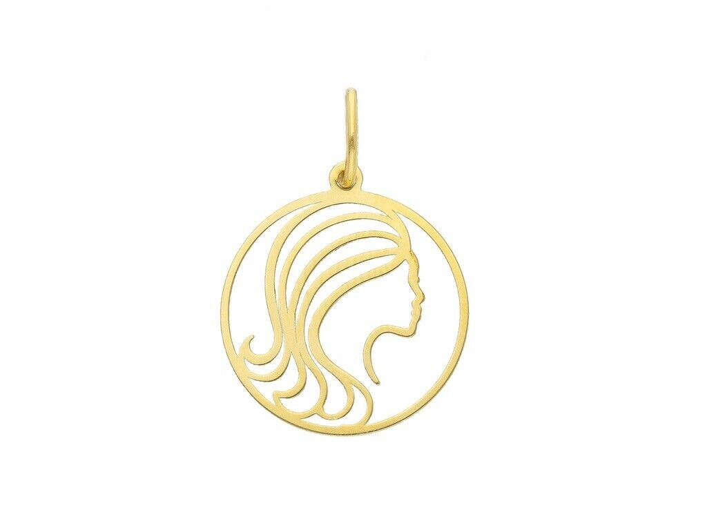 18k yellow gold zodiac sign round small 15mm flat pendant, zodiacal, virgo