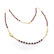 Load image into Gallery viewer, 18k yellow gold Rosary 22&quot; necklace, 3mm faceted red ruby Cross Miraculous medal
