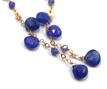 Load image into Gallery viewer, 18k rose gold 6cm 2.36&quot; long earrings with natural blue 7mm tanzanite drops
