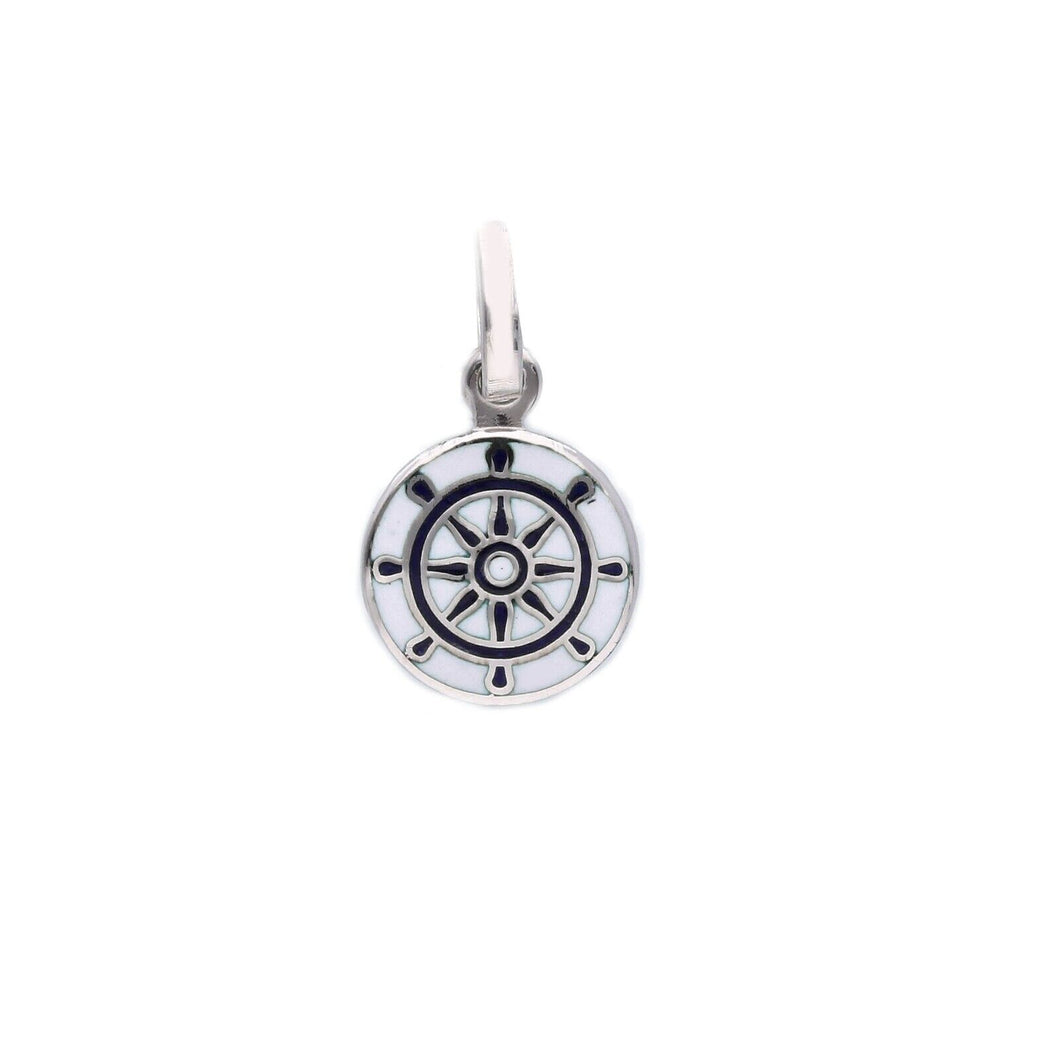 Pendentif rond en or blanc 18 carats et émail bleu, petit diamètre 12 mm, médaille casque