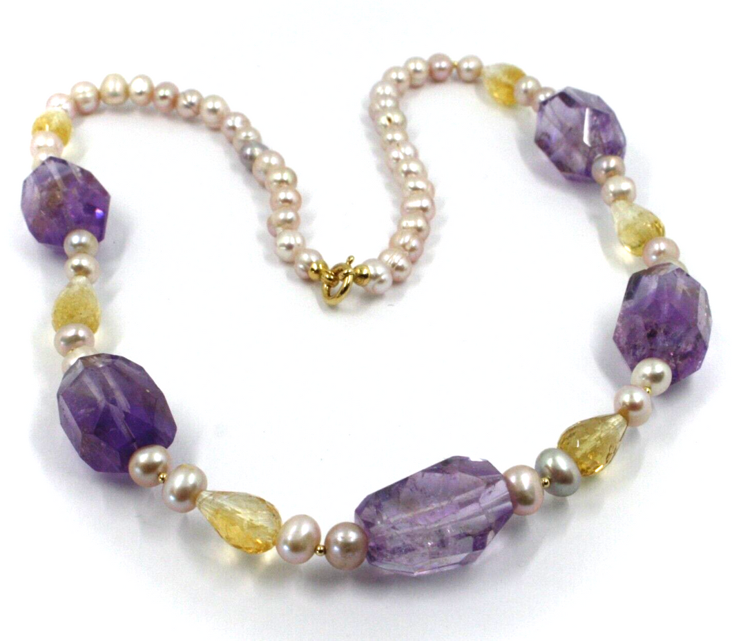 Collar de oro amarillo de 18 quilates de 53 cm con perlas moradas de agua dulce, gotas de citrino y pepitas de fluorita.