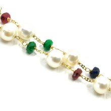 Load image into Gallery viewer, 18K YELLOW GOLD 18&quot; NECKLACE ALTERNATE 4mm SAPPHIRE EMERALD RUBY &amp; 6.5mm PEALS
