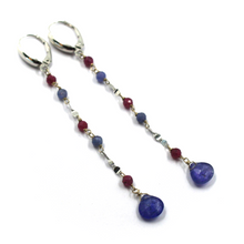 Load image into Gallery viewer, 18k white gold 7.5cm 2.9&quot; long earrings natural blue 7mm tanzanite drops ruby
