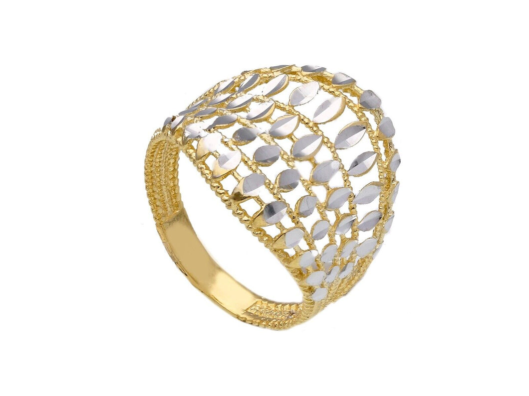 18K YELLOW WHITE GOLD BAND RING LUMINOUS AND BRIGHT, FINELY WORKED MADE IN ITALY