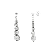 18k white gold long 43mm earrings diamond cut 3-8mm spheres double frame