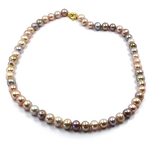 Load image into Gallery viewer, 18k yellow gold 24&quot; necklace 7/7.5mm baroque freshwater round/oval purple pearls
