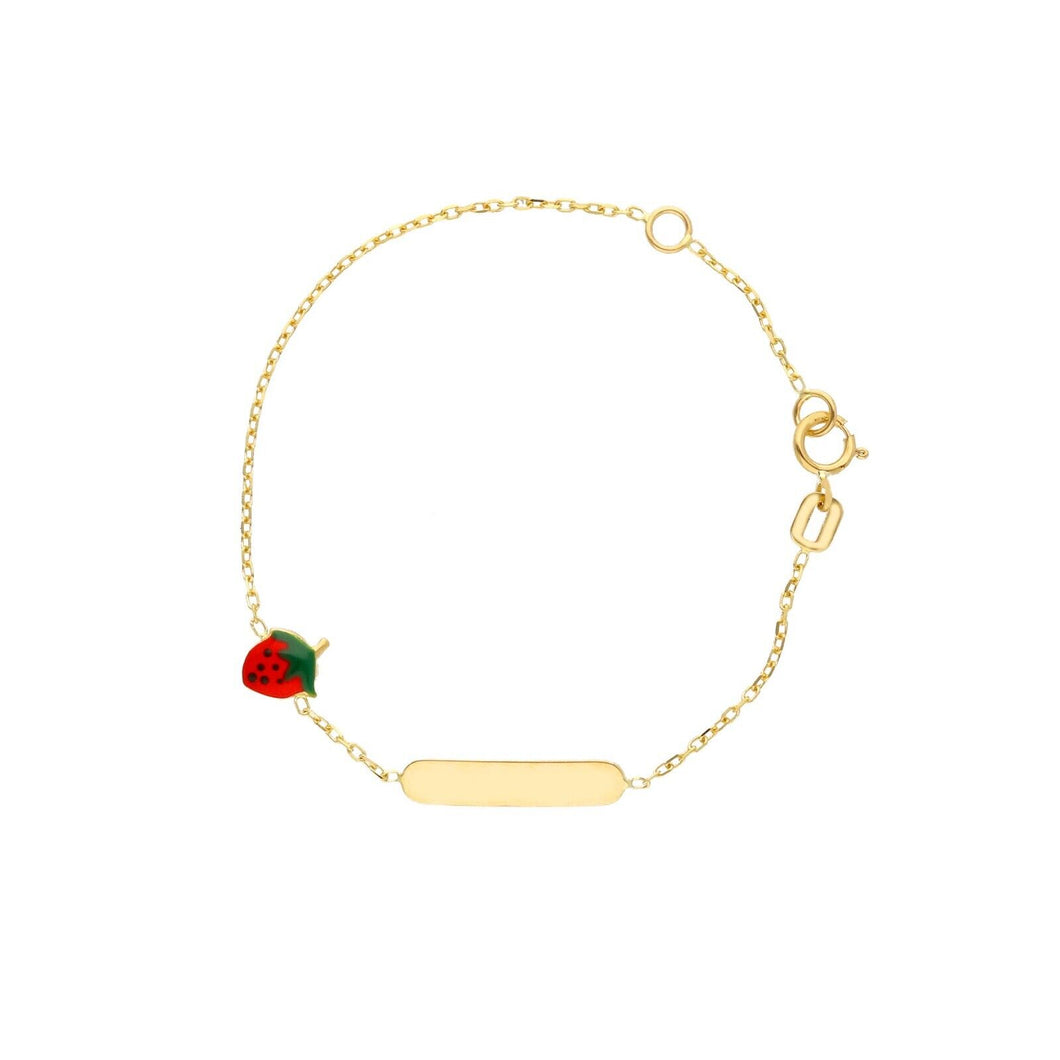 18k yellow gold kids girl rolo bracelet red strawberry 5mm cherries, 14-16cm