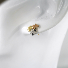 Load image into Gallery viewer, 18k solid yellow white rose gold lobe button 11mm earrings with three flowers
