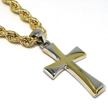 Load image into Gallery viewer, 18K YELLOW GOLD BIG 5 MM ROPE CHAIN, 24 INCHES &amp; STYLIZED SQUARE TWO TONE CROSS
