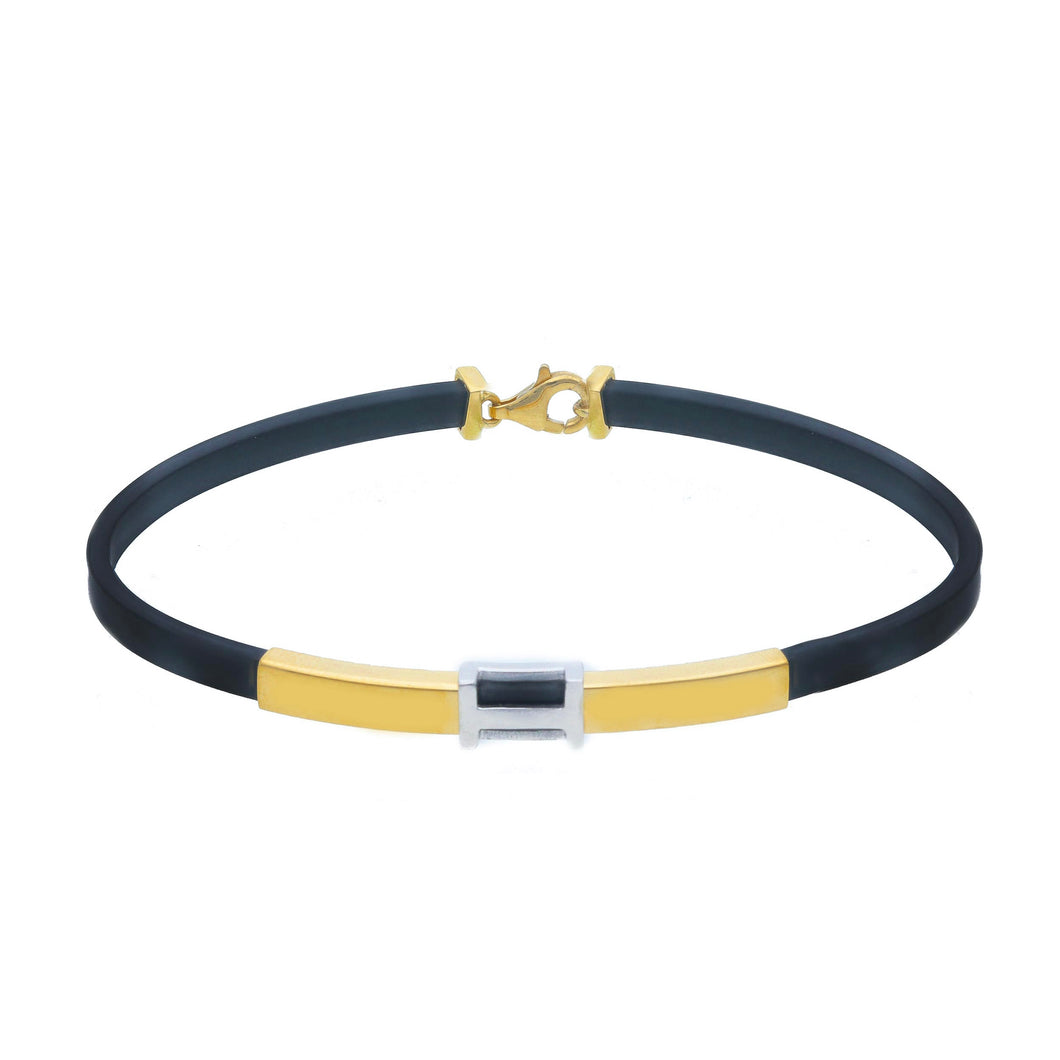 SOLID 18K YELLOW WHITE GOLD BRACELET 4mm SQUARE TUBE PLATE AND BLACK RUBBER 8.3
