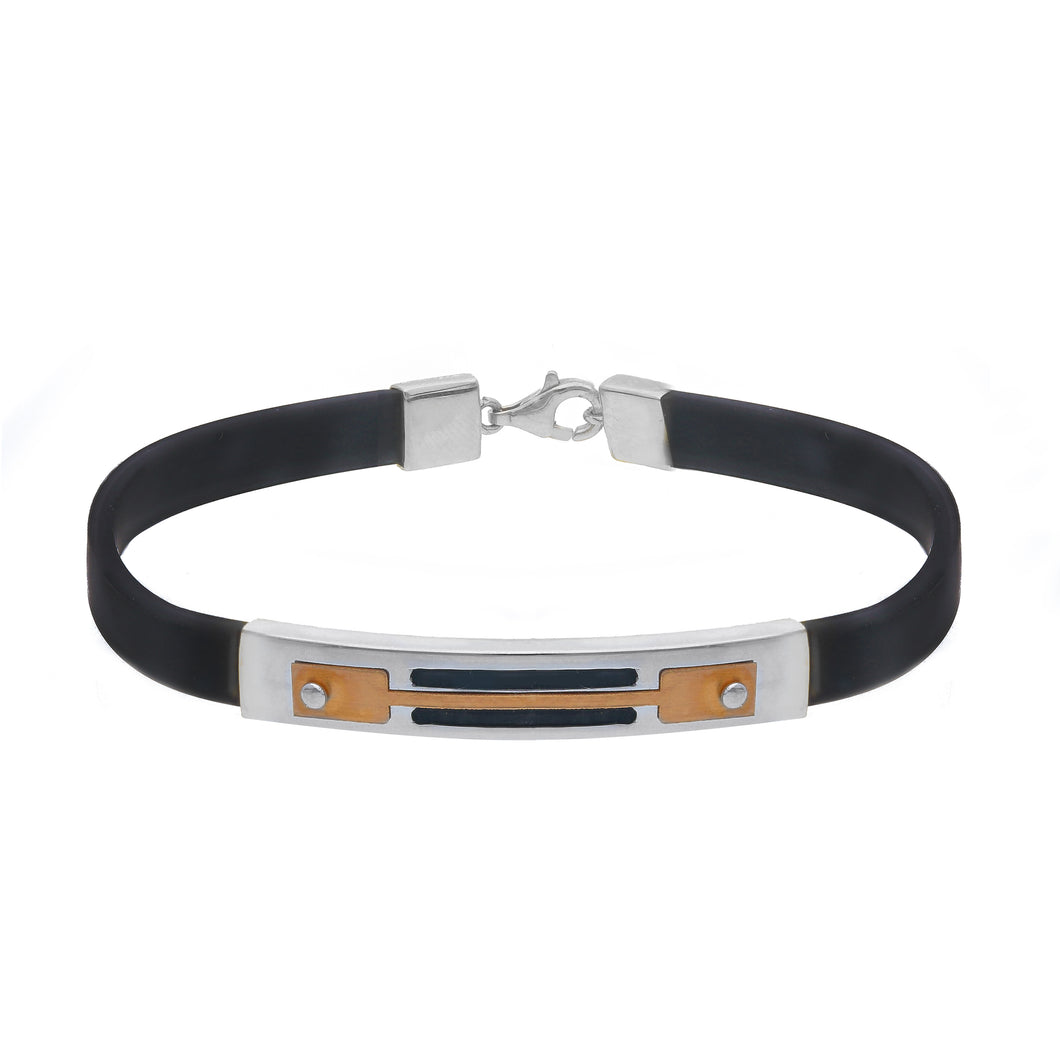 SOLID 18K ROSE WHITE GOLD BRACELET 6mm RECTANGULAR TUBE PLATE & BLACK RUBBER