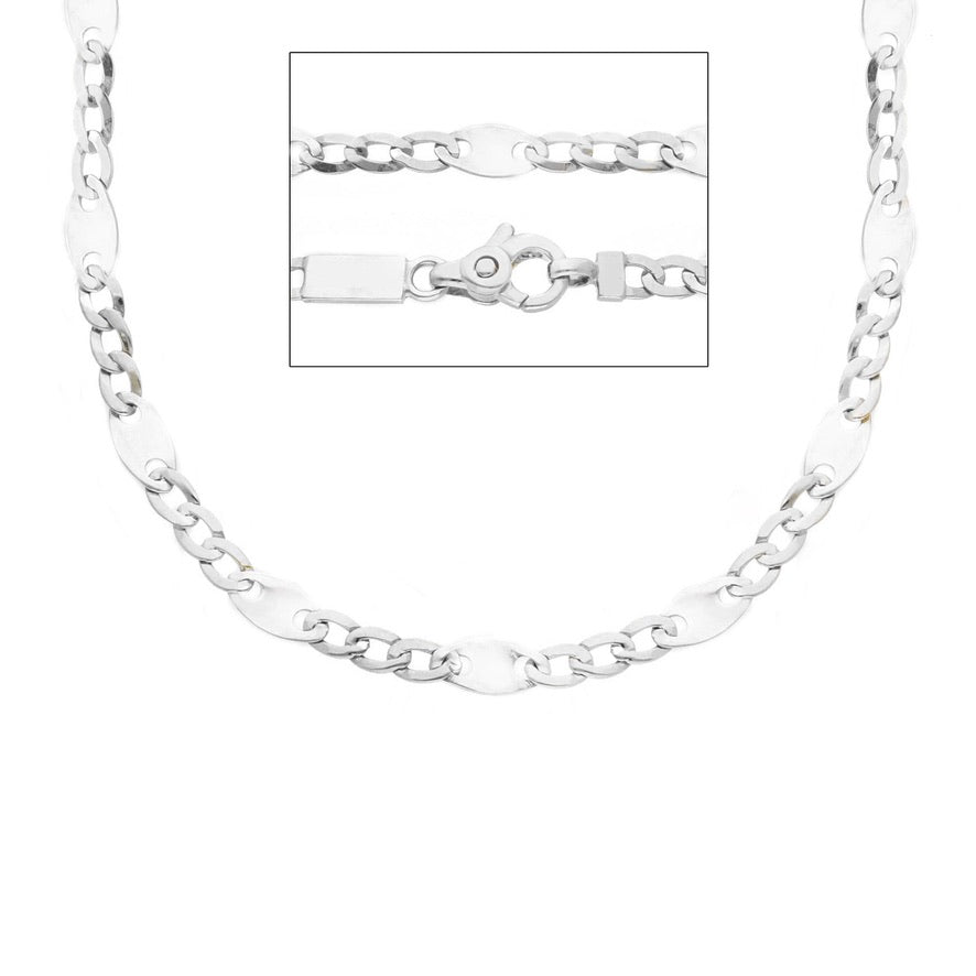solid 18k white gold chain, flat alternate 3+1 ondulate ovals 3-4mm, length 19.7