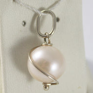 SOLID 18K WHITE ROUGH GOLD SPIRAL PENDANT WITH ROUND PINK PEARL, MADE IN ITALY