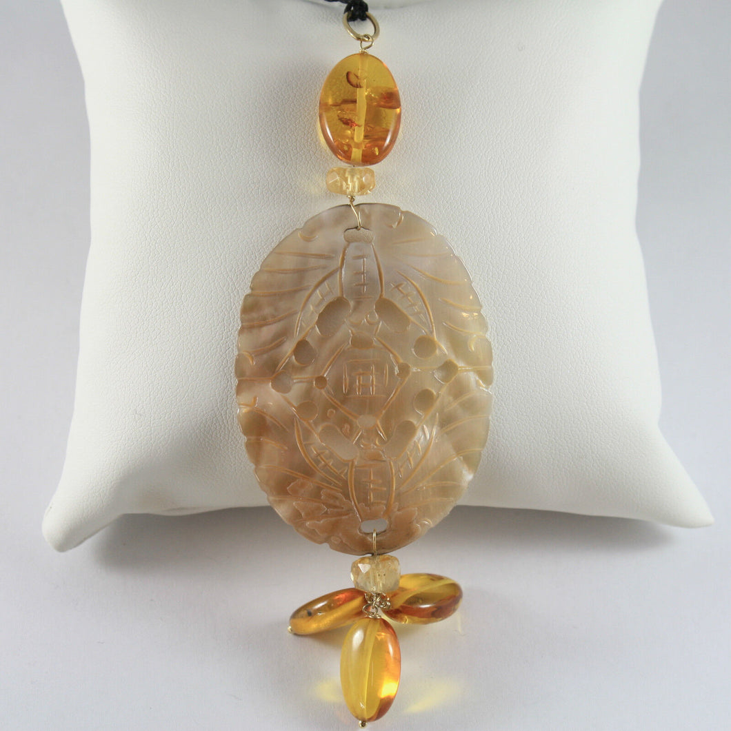 SOLID 18K YELLOW GOLD PENDANT, AZTEC STYLE, AMBER, CITRINE, MADE IN ITALY