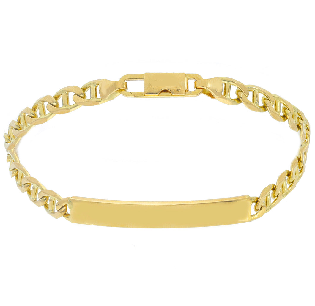 SOLID 18K YELLOW GOLD BRACELET 5mm FLAT MARINER OVAL LINKS ENGRAVING PLATE, 8.3
