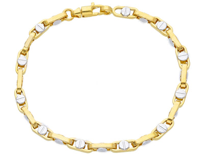 18K YELLOW WHITE GOLD BRACELET 4.5mm ROUNDED OVAL LINK WITH BUTTON, 21cm 8.3