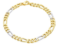 18K YELLOW WHITE GOLD BRACELET BIG 6 MM ROUNDED FIGARO GOURMETTE 3+1, 19cm 7.5