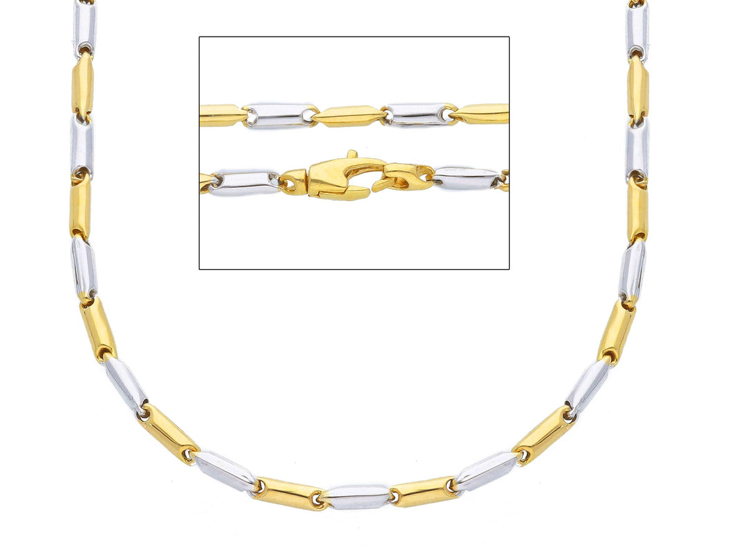 18K YELLOW WHITE GOLD CHAIN NECKLACE ROUNDED ALTERNATE TUBE LINKS, 50 cm, 20