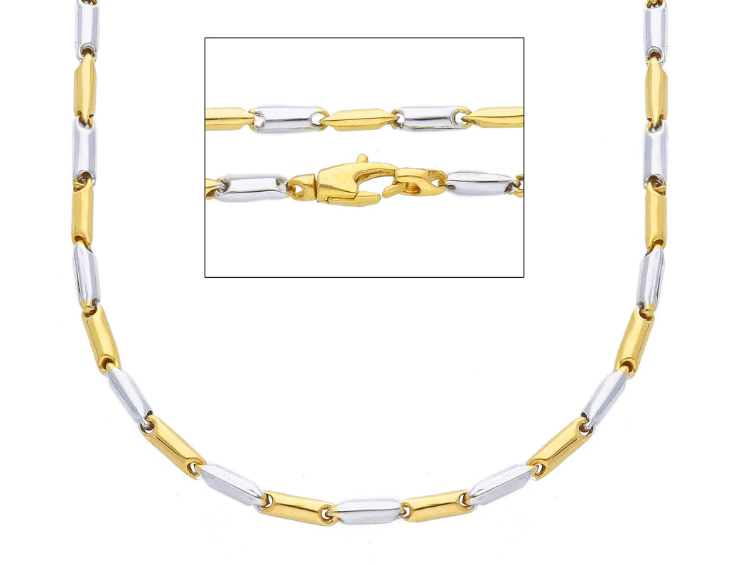 18K YELLOW WHITE GOLD CHAIN NECKLACE ROUNDED ALTERNATE TUBE LINKS, 60 cm, 24