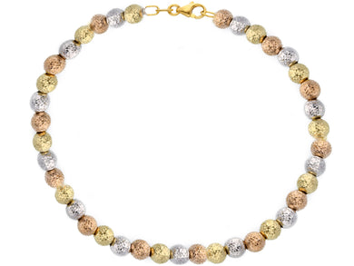 18K YELLOW WHITE ROSE GOLD BRACELET 19cm WORKED SPHERES 4mm DIAMOND CUT BALLS.