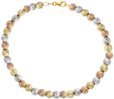 18K YELLOW WHITE ROSE GOLD BRACELET 19cm WORKED SPHERES BIG 5mm DIAMOND CUT BALL.
