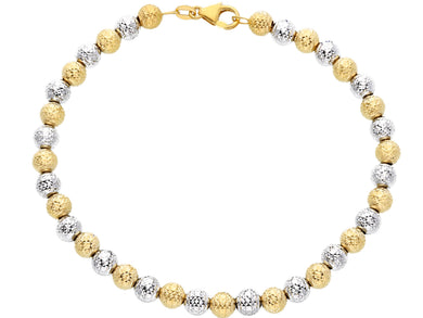 18K YELLOW WHITE GOLD BRACELET 19cm WORKED SPHERES BIG 5mm DIAMOND CUT BALLS.