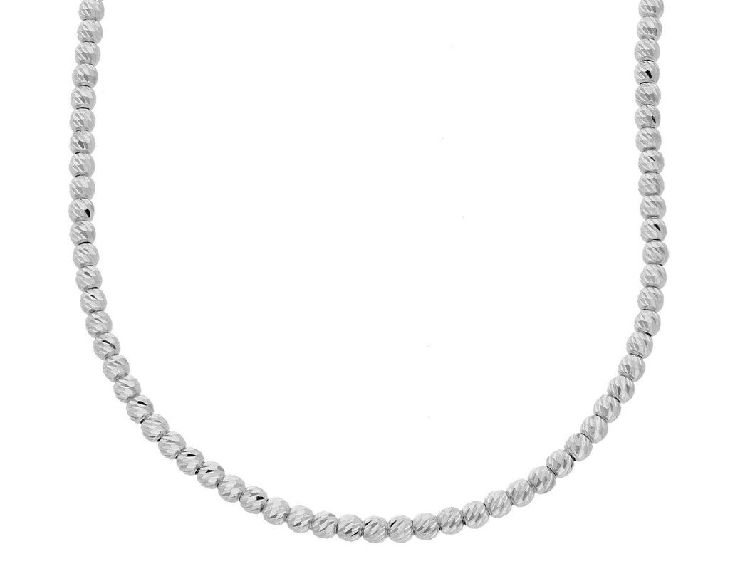 18k white gold chain finely worked spheres 2.5 mm diamond cut balls, 20
