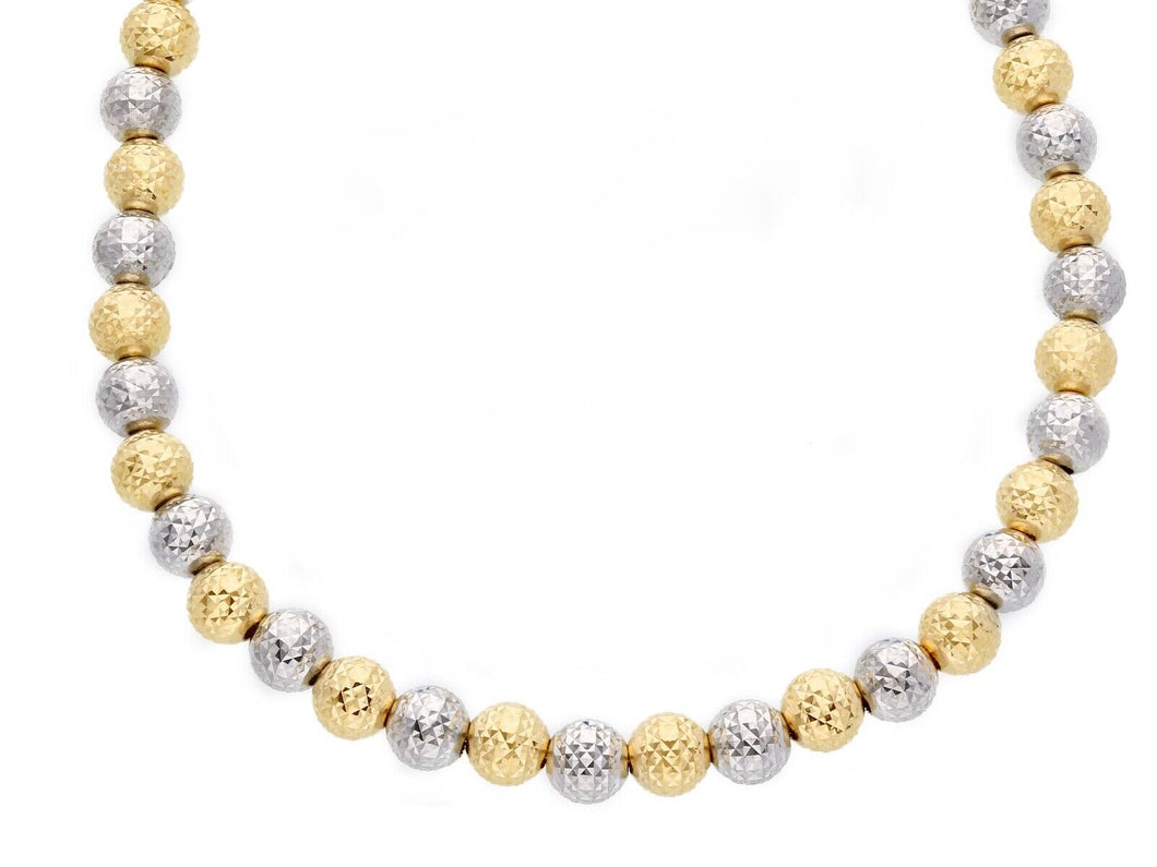 18K YELLOW WHITE GOLD CHAIN WORKED SPHERES 5mm DIAMOND CUT FACETED BALL 16