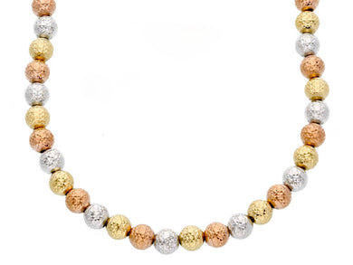 18K YELLOW WHITE ROSE GOLD CHAIN WORKED SPHERES 5mm DIAMOND CUT FACETED 18