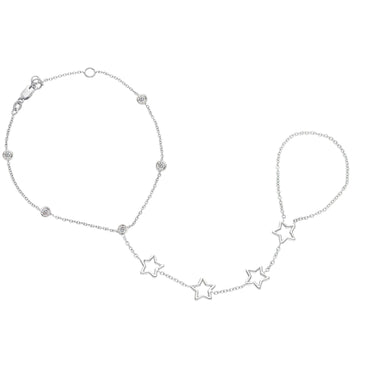 18K WHITE GOLD CHAIN BRACELET HAND KISS FINGER RING HARNESS STARS CUBIC ZIRCONIA.